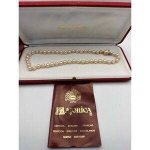 Majorica Pearl Necklace Vintage Hand Knotted Cream Organic Man-Made with Box